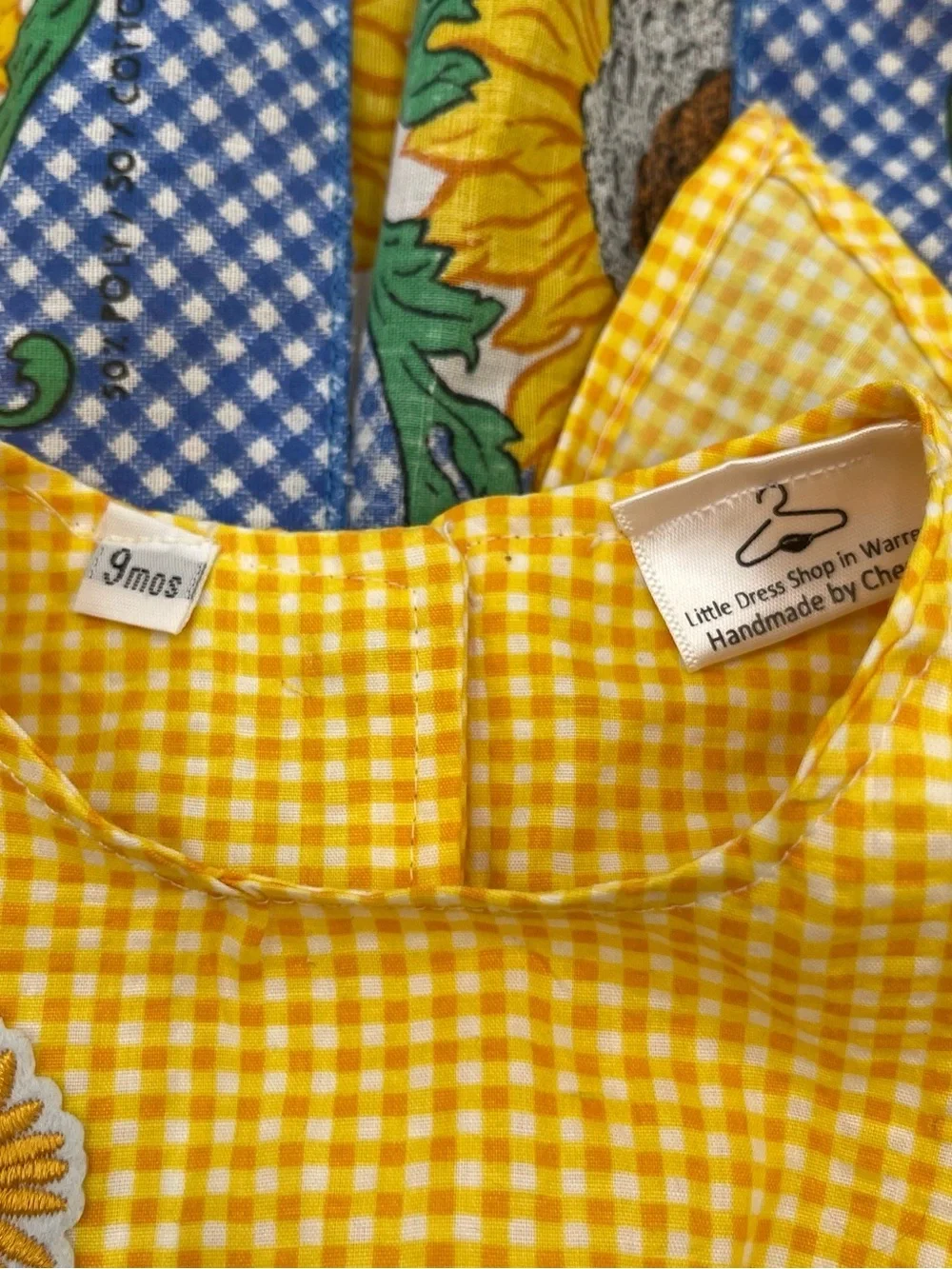 Handmade Sunflower Gingham Baby Dress with Blooming Skirt Lace Florals 9 mos